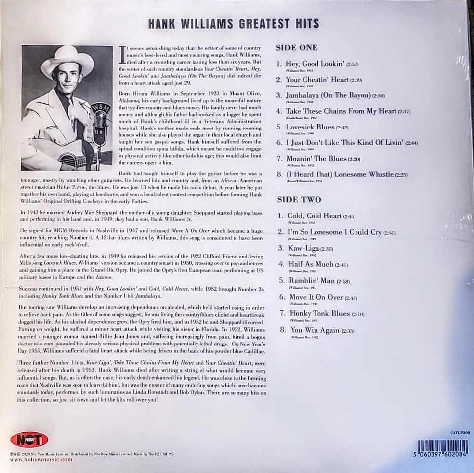 HANK WILLIAMS GREATEST HITS - 180 GRAM VINYL LP " NEW, SEALED " IMPORT - Image 2 of 2