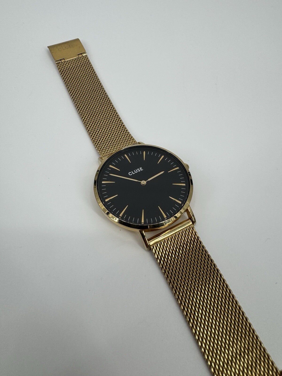 Cluse Gold Mesh Watch Black Dial Gold Hands 3ATM WR Japan Movement