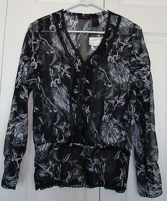 SHEER BLACK PRINT BLOUSE BY DELICIA, SZ L (NWT)