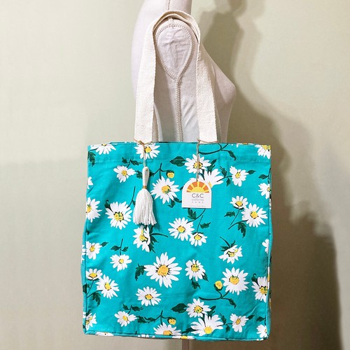 Daisy Canvas Tote Bag Turquoise Blue Large Cotton Reusable Shopper Colorful - Picture 7 of 7