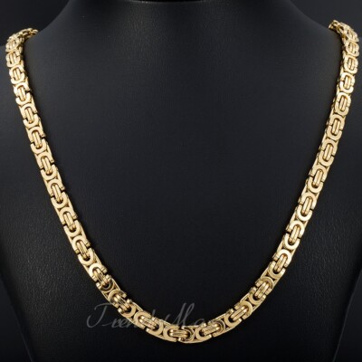 7mm Men's Chain Gold Plated Flat Byzantine Stainless Steel Necklace 18''-30''