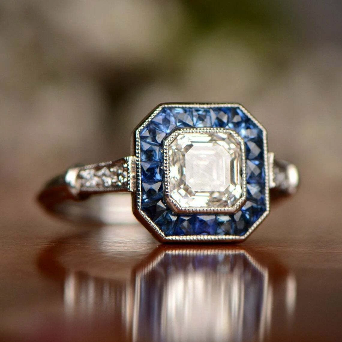 Art Deco Asscher-Cut Diamond, Sapphire, Platinum Ring – Neil Lane Couture