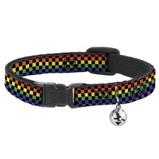Cat Collar Breakaway with Bell Checker Black/Rainbow Multi Color NARROW Fits 8.5