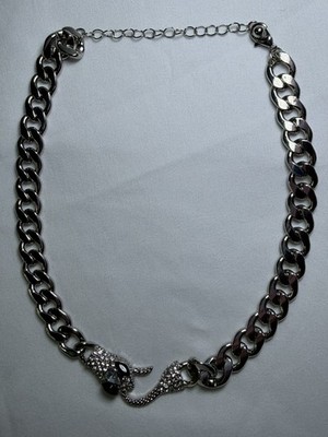 Brand New 17'' Bold Silver Snake Gothic Cuban Chain Statement Rhinestone Necklace