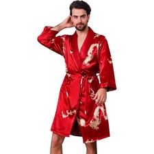 Haseil Mens Satin Robe Silk Kimono Robe Long Sleeve Bathrobe Dragon Lightweig...