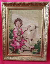 tableau tapisserie canevas " berger et son mouton" fait mains  cadre bois ancien
