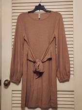 Comfy Lionstill Tan Long Balloon Sleve Sweater Type Dress With Belted In Waist