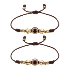 Turkish Evil Eye Bracelets, 2 Pcs Good Luck Braided Rope Bracelets (Dark Brown)