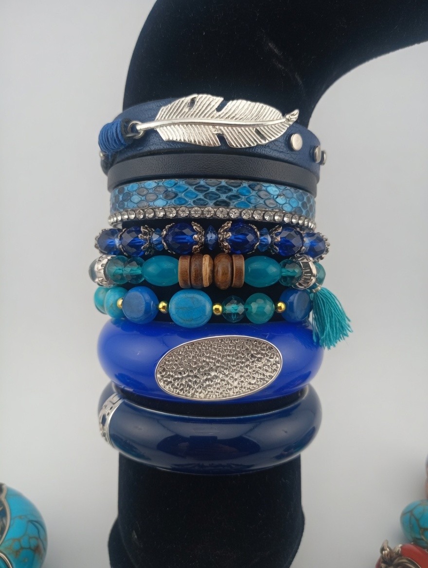 Blue Silver Stackable Beaded Bangle Cuff Charm Wr… - image 3