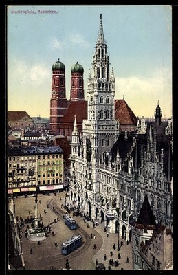Postcard Munich, trams on Marienplatz 1911 