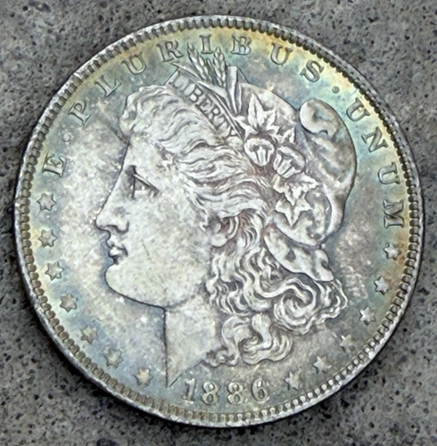 1886  Morgan Silver Dollar, BU Rainbow Rim  Mint Luster