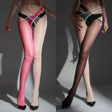 Oily Shiny Unique Cross Waist Stockings Ultra Sheer Pantyhose Crotchless Tights