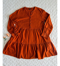 Madewell Flannel Button Placket Tiered Dress Warm Nutmeg Orange L