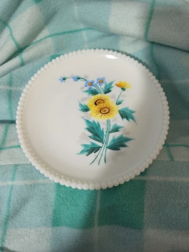 Vintage Westmoreland Milk Glass Plate Yellow/Blue Flowers w/ Beaded Edge RARE