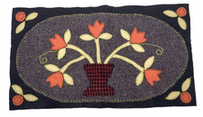 Vtg Handmade Folk Art Primitive Wool Appliqu&eacute; Mat Tulips Flower Basket 15" x 8"