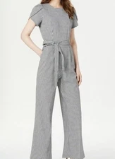 Calvin Klein Houndstooth Jumpsuit WMs SZ 6 Tulip Sleeve Tie Waist Pockets