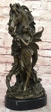 Art Deco Mystical Beautiful Fairy and Unicorn Flying Horse Bronze Sculpture Deco
