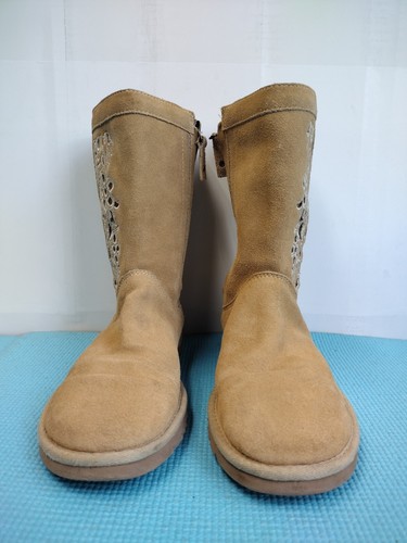 UGG Australia Women's Lo Pro Floral Cutout Suede Boots Tan Side Zip - Size 5 - Picture 8 of 15