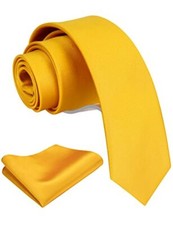 2.4" Slim Necktie and Handkerchief Set For Men Solid Skinny Tie Brooch Set Gold