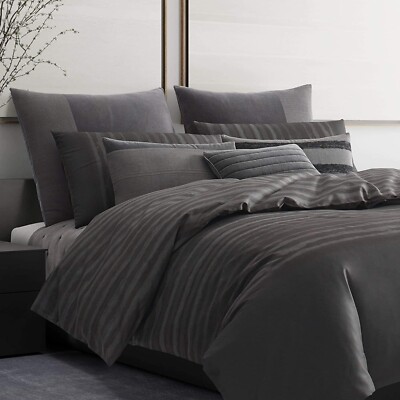 Vera Wang Grey Duvet Shadow Stripe Duvet 2 Shams Charcoal Grey Cotton New $700