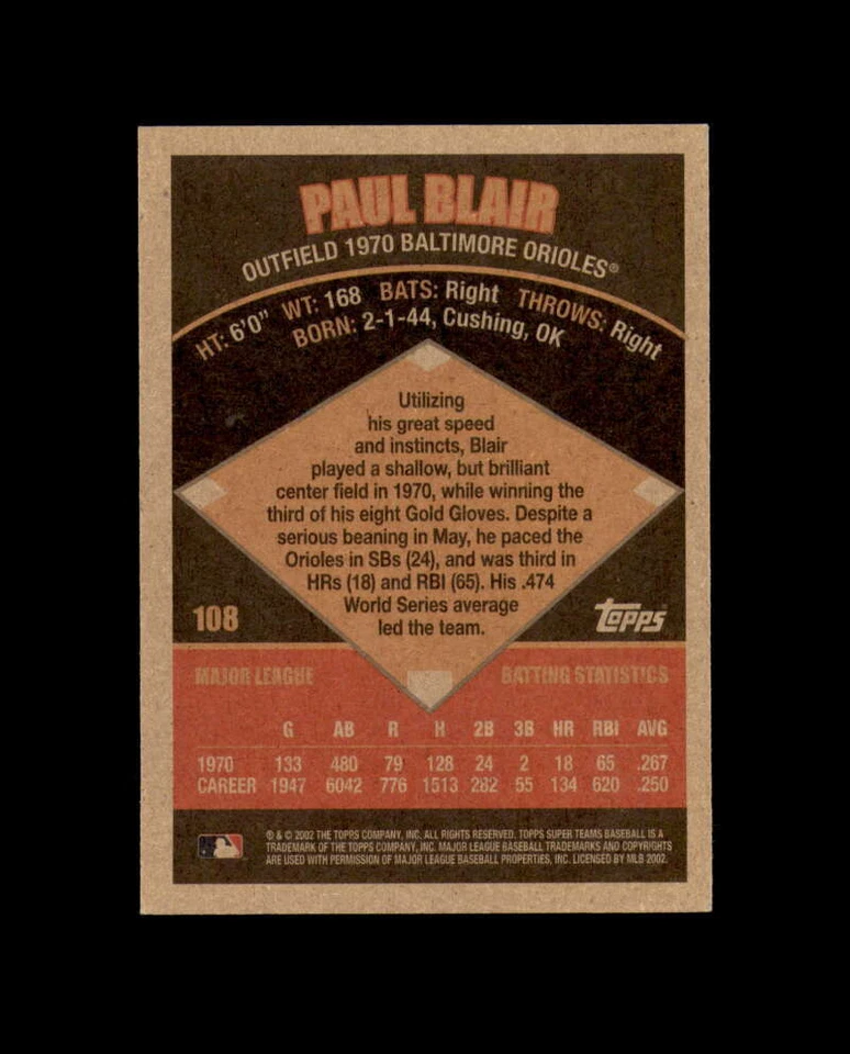 Paul Blair Signed 2002 Topps Super Teams 1970 Baltimore Orioles Autograph - Image 2 of 2