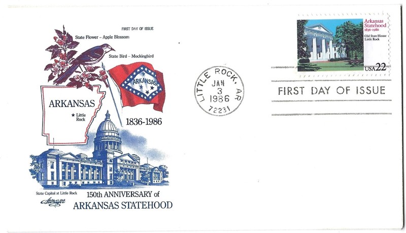 4 '86-'89 FDCs Arkansas Statehood (2), Virginia Statehood, Settling of Oklahoma