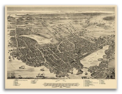 Bird's Eye View 1877 Portsmouth NH Vintage Style City Map - 24x32