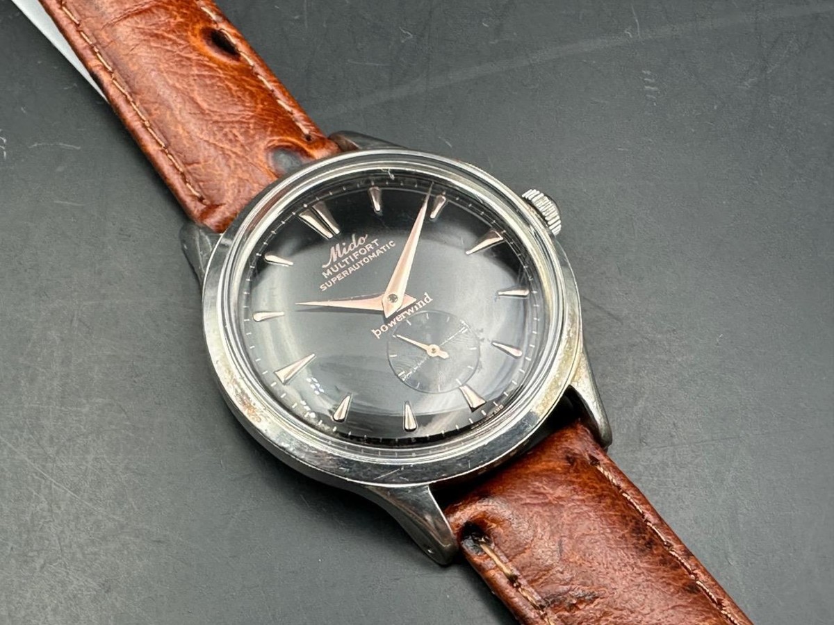 1950s Mido Multifort Watch with a Black Gilt Pink Gold Printed 1950s Mido Multifort Watch with a Black Gilt Pink Gold Printed