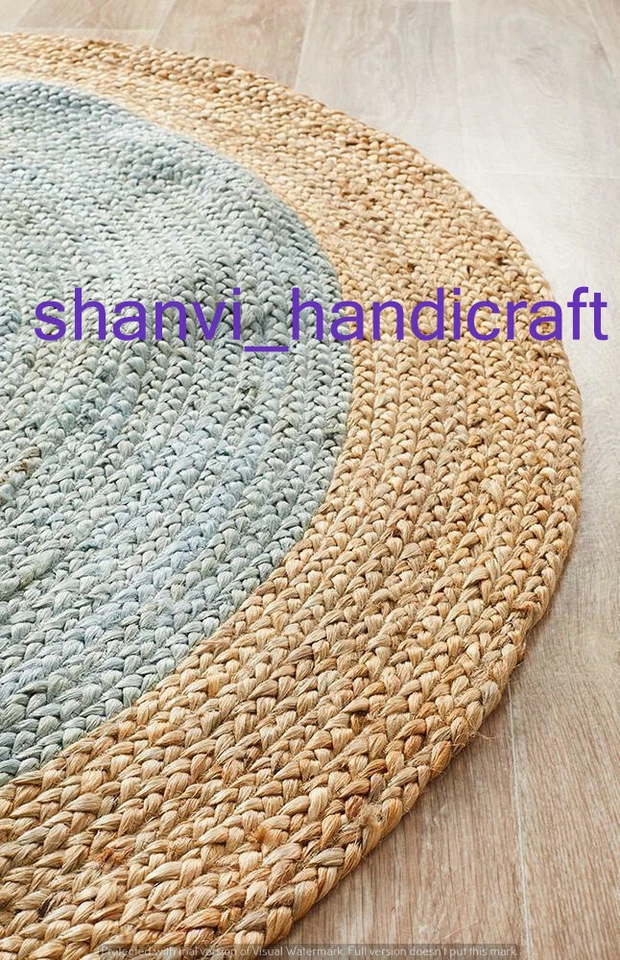Natural Multi Colour Jute Mat Rugs Floor Home Living Round Braided Indian Carpet - Image 4 of 4