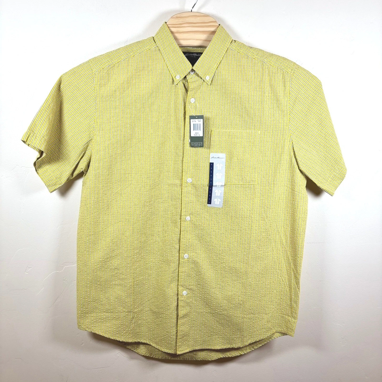 Eddie Bauer S/S Button Down Shirt Men Large Sun Yellow Plaid Outdoor Hiking NEW