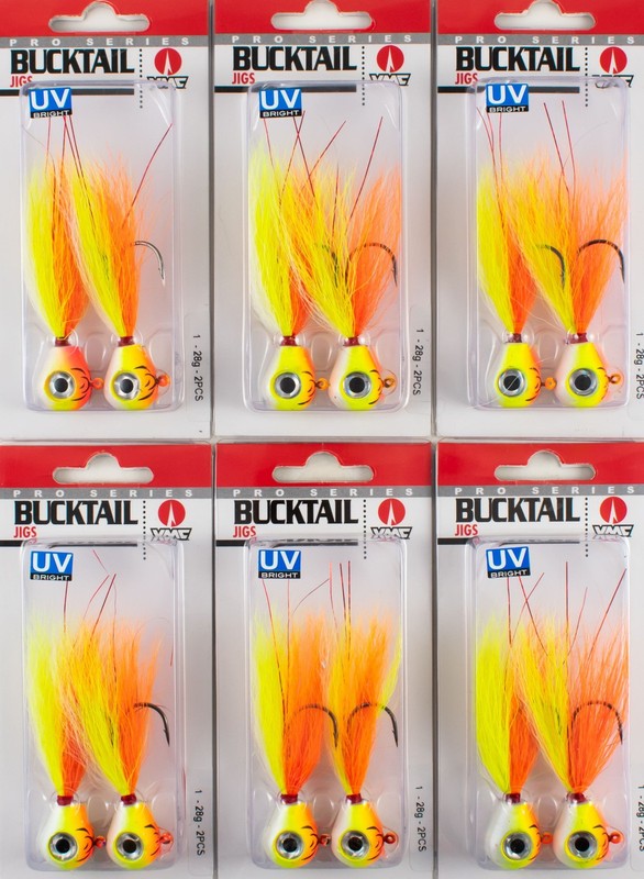 (LOT OF 6) VMC BUCKTAIL JIGS 1OZ BKJ1-OFU ORANGE FIRE UV AW5204
