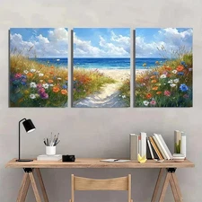 3pcs Cape Cod Watercolor Beach Scene Perfect Wall Art Canvas Framed 50x70cm