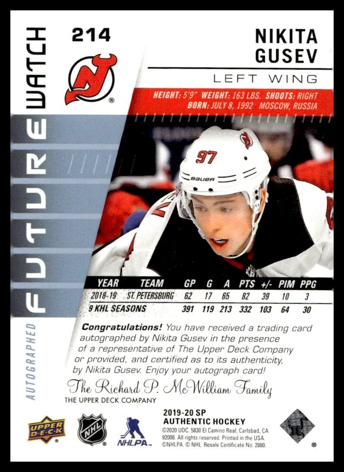 2019-20 UD SP Authentic Future Watch Rookie Auto /999 #214 Nikita Gusev - Image 2 of 2