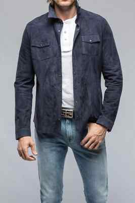 Men's Navy Blue Suede Leather Shirt 100% Pure Lambskin Made To Measure Shirt