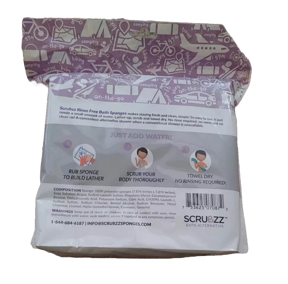 NEW Scrubzz Disposable No Rinse Wipes 25 Pack Lavender Camping Travel Vacation 