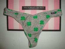 NEW VICTORIA'S SECRET "PINK" COTTON THONG PANTY GRAY WITH GREEN SHAMROCK SZ S