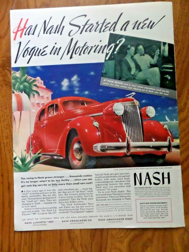 1937 Nash Ambassador Six Sedan Ad at Palm Beach New Vogue in Motoring?