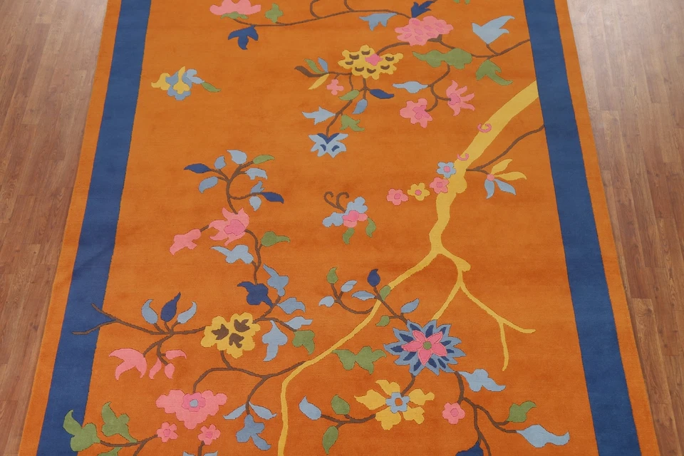 Orange Art Deco Chinese Area Rug 8x10 Hand-made Wool/ Silk Transitional Carpet - Image 3 of 4