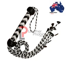 Leather Phobia Black & White Genuine Leather Flogger Whip 09 Tails & 20'' Long