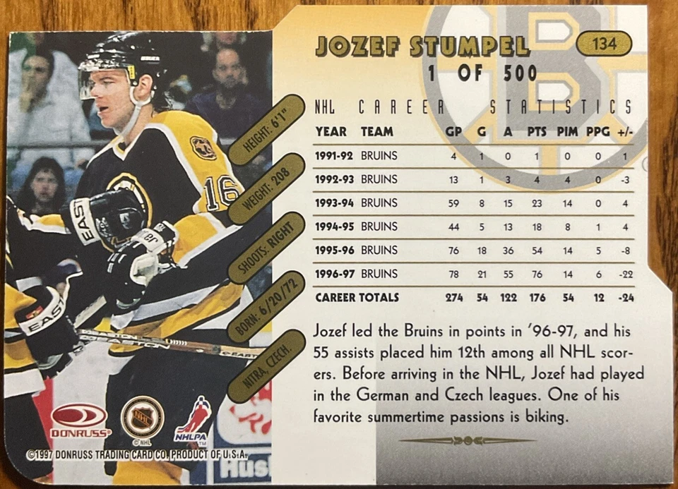 1997-98 Donruss Press Proofs Gold Jozef Stumpel #134 Boston Bruins #’d /500 - Image 2 of 2