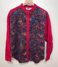 GITANO Vintage 90s Red Paisley 100% Cotton Button Down Tunic Shirt Sz L READ
