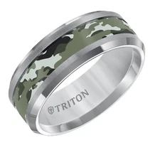 Triton 8mm Grey Tungsten Carbide Green Camo Band Ring - Size 9.25