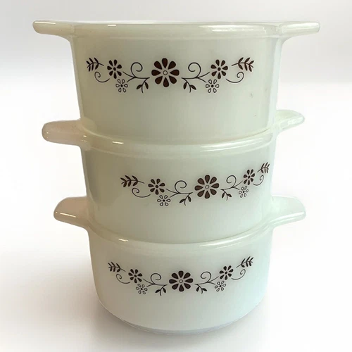 Pyrex Lot of 3 Dynaware Pyr-O-Rey Milk Glass Brown Daisy Casserole Bowl Dish