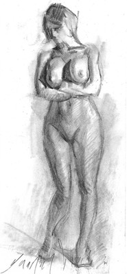Female Nude Figure Original Charcoal Drawing 4x9 Life Study Figurative Realism
