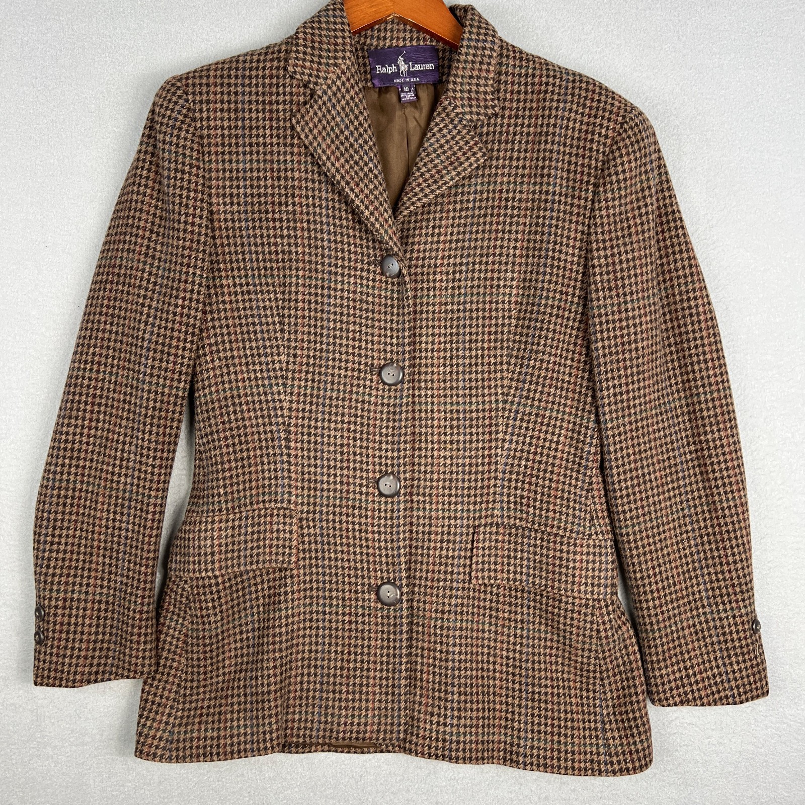 VTG Ralph Lauren Purple Label Blazer Womens 10 Wool Houndstooth Tweed 1990s USA