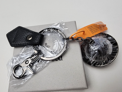 Vivienne Westwood Black 3D ORB GUNMETAL Key Ring Black Leather