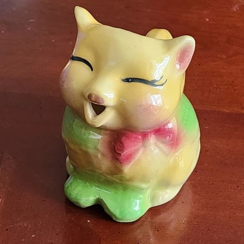 Shawnee Pottery Puss N’ Boots Kitty Cat Milk Creamer Yellow Green & Pink USA #85