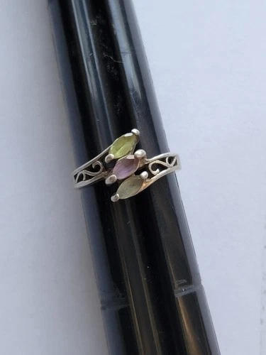 925 Silver Vintage Amethyst Peridot Blue Topaz Band Ring Sz 8