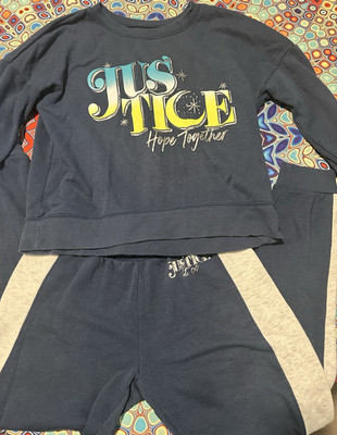 Justice Girls 2 Piece Fleece Logo Sweatshirt & Pants Set Blue/Gray Size 12-14