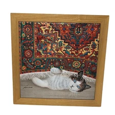 Lowell Herrero Framed Art Tile Wall Hanging Trivet 1982 Vandor Cat Vintage